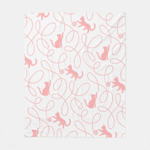 Couverture Polaire Chat joueur et motif de pelote de laine Rose corai