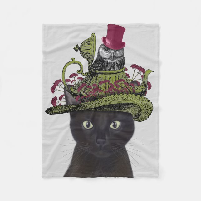 Couverture Polaire Chat noir avec théière et hibou (Devant)