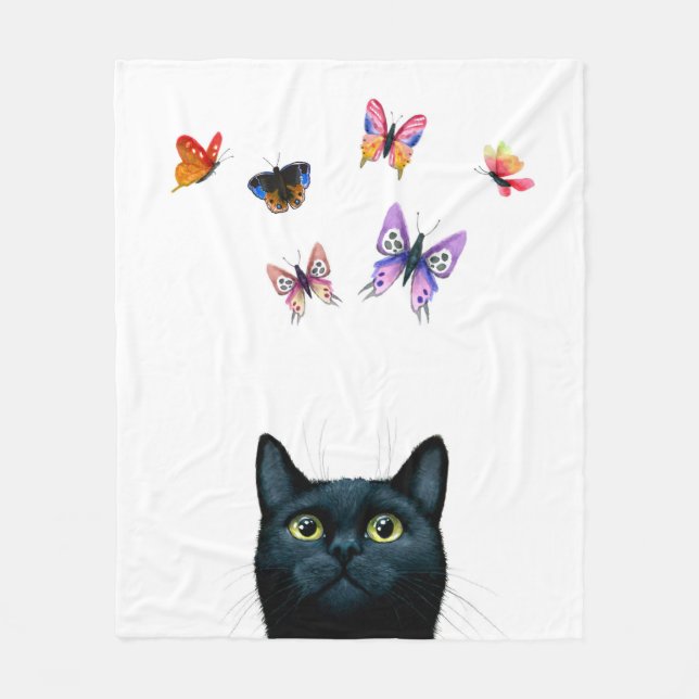 Couverture Polaire Chat noir blanc 606 papillons (Devant)