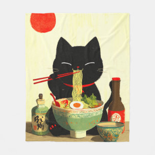 Couverture Polaire Chat noir heureux mangeant du Ramen Ukiyo-e japo