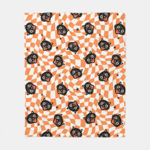 Couverture Polaire Chat noir rétro Motif chèque orange