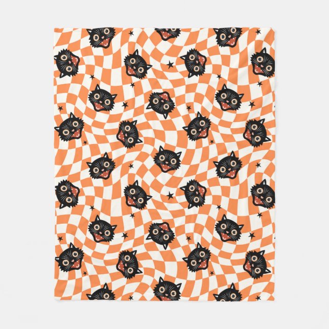 Couverture Polaire Chat noir rétro Motif chèque orange (Devant)