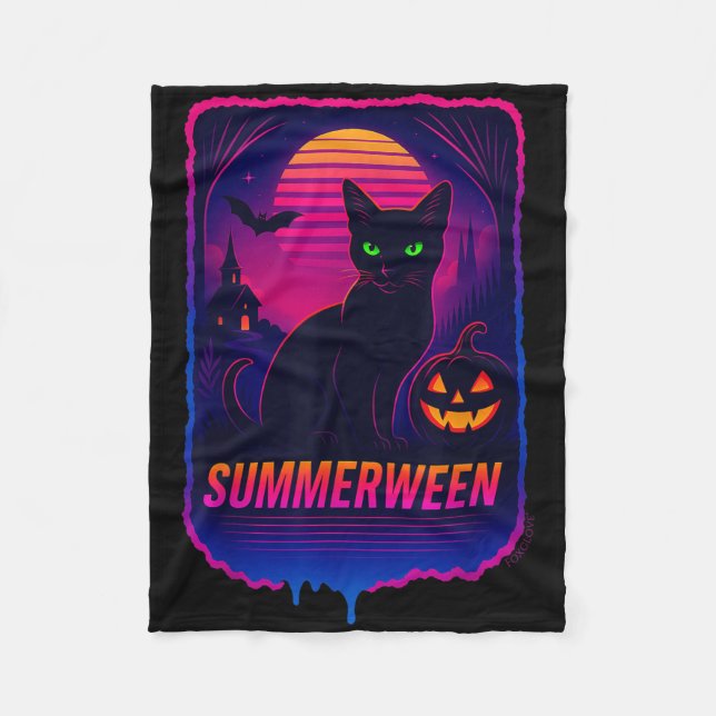 Couverture Polaire Chat noir rétro synthwave néon gothique effrayant  (Devant)
