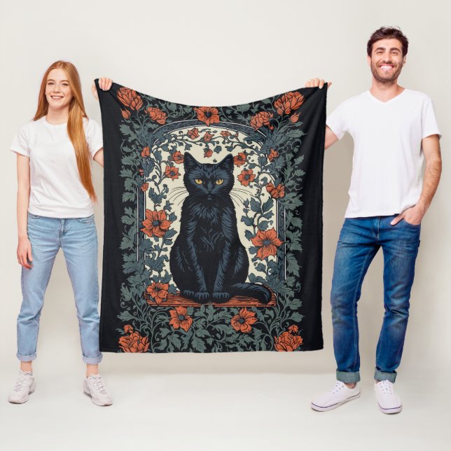 Couverture Polaire Chat noir Vintage Floral (En situation)
