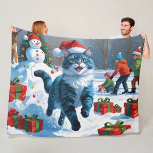 Couverture Polaire Chat Oriental Bleu Assis Dans Un Chapeau De Noël D