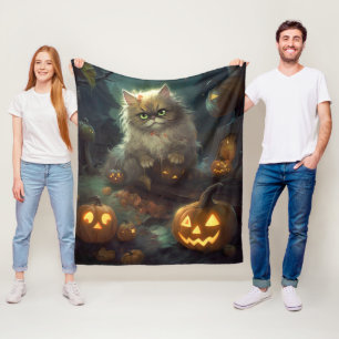 Couverture Polaire Chat Persan Halloween avec citrouilles effrayantes