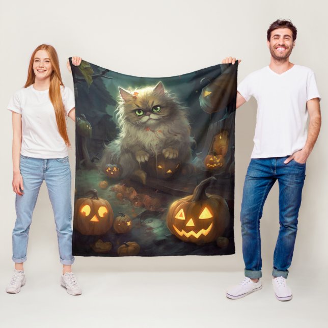 Couverture Polaire Chat perse d'Halloween avec effroi Citrouille (En situation)