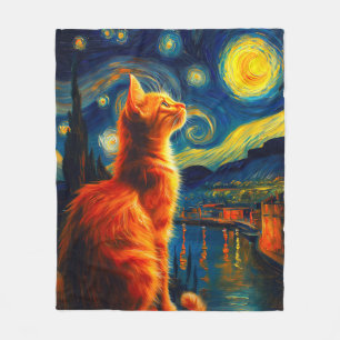 Couverture Polaire Chat roux contemplatif   Ciel nocturne étoilé
