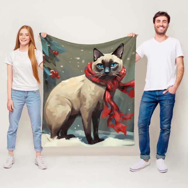 Couverture Polaire Chat siamois à Noël de neige (En situation)