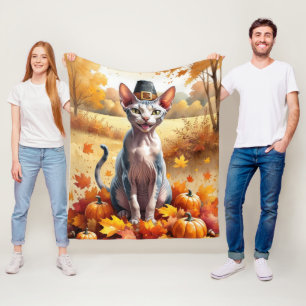 Couverture Polaire Chat Sphynx Dans l'Art de Thanksgiving aux Feuill