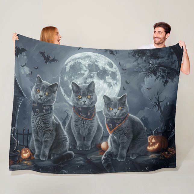 Couverture Polaire Chats Bleus Russe Halloween Éffrayant (En situation)