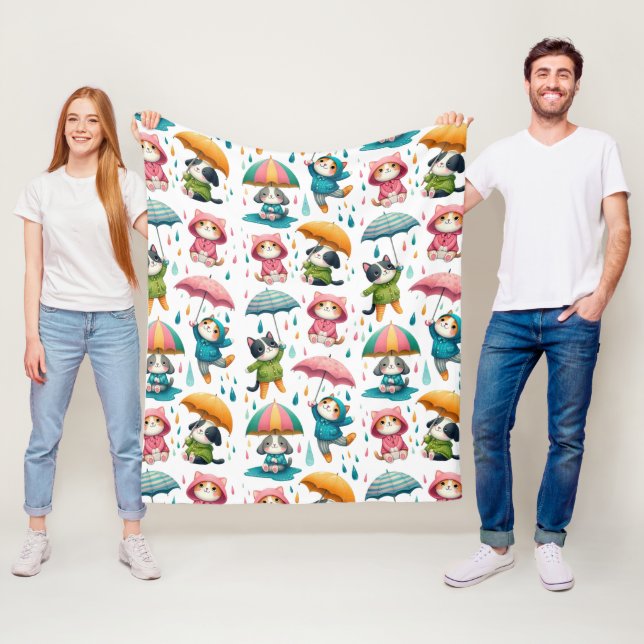 Couverture Polaire Chats et chiens à plume mignonne avec parapluies (En situation)