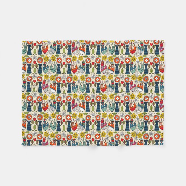 Couverture Polaire Chats folksy suédois et oiseaux (Devant (Horizontal))