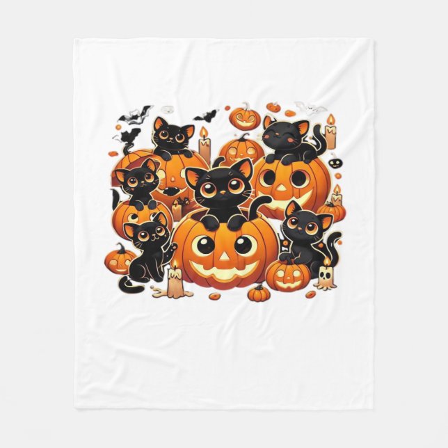 Couverture Polaire Chats noirs mignons en Citrouille Halloween Night  (Devant)