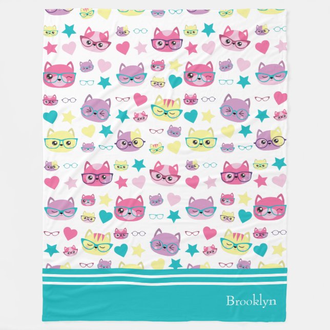 Couverture Polaire Chats Pastel cool Avec Verres Motif, Turquoise (Devant)