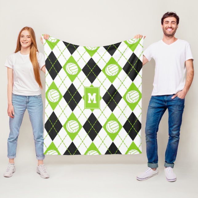 Couverture Polaire chaux noir Jacquard plaid volleyball monogrammé (En situation)