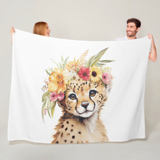 Couverture Polaire Cheetah Flower Crown Art Aquarelle Safari Wild