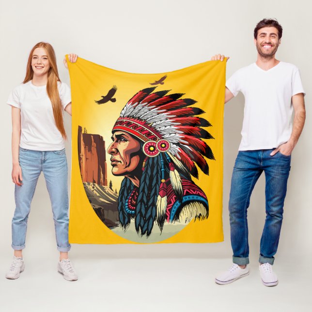 Couverture Polaire Chef amérindien sur paysage sauvage coucher de sol (En situation)