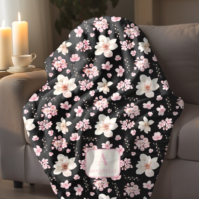 Couverture Polaire Chercher Blossom Printemps Monogramme rose noire (Cherry Blossom Spring Monogram Black Pink Fleece Blanket)
