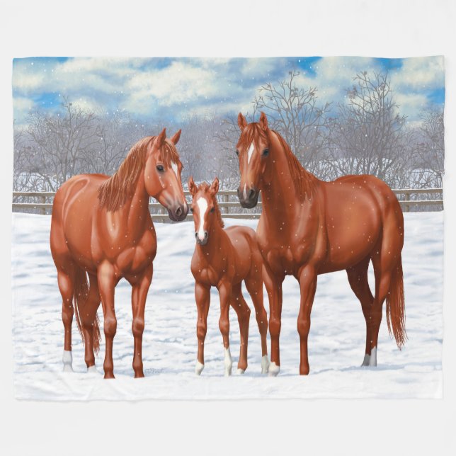 Couverture Polaire Chestnut Sorrel Quarter Chevaux En Neige (Devant (Horizontal))