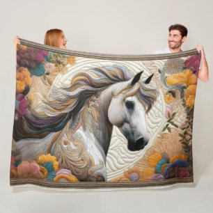 Couverture Polaire Cheval blanc courbé et fleurs