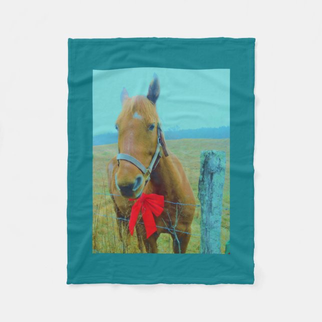 Couverture Polaire Cheval de Noël rétro avec arc rouge (Devant)