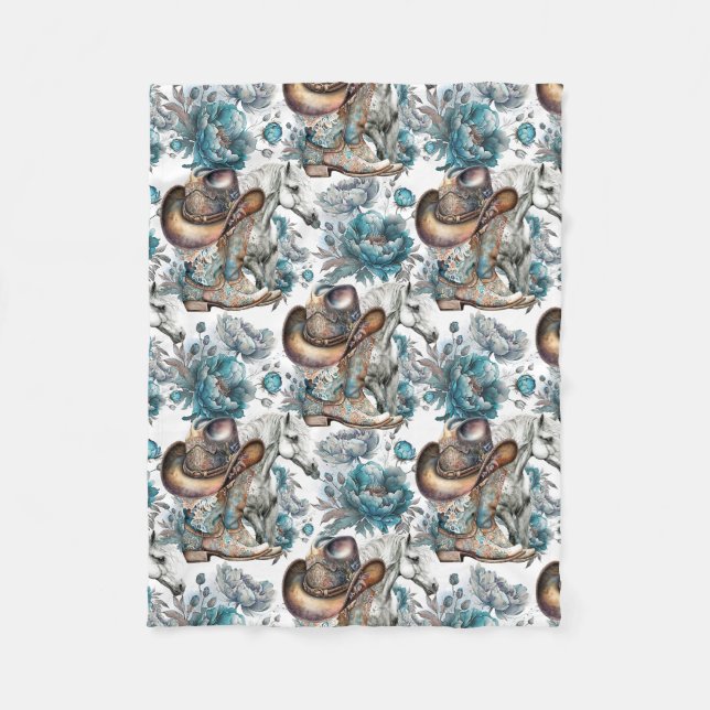Couverture Polaire Cheval fille cowgirl motif floral turquoise (Devant)