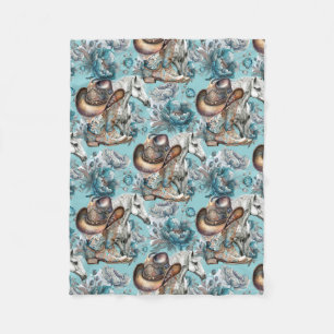 Couverture Polaire Cheval fille cowgirl motif floral turquoise