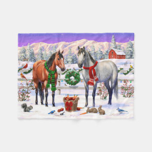 Couverture Polaire Chevaux de Noël en neige