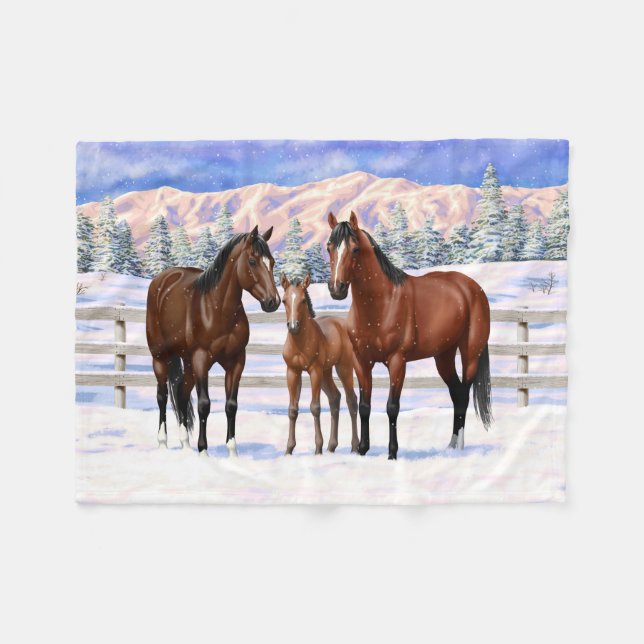 Couverture Polaire Chevaux Du Quartier De La Baie Brown En Neige (Devant (Horizontal))