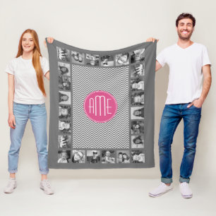 Couverture Polaire Chevrons gris et rose avec Monogramme personnalis