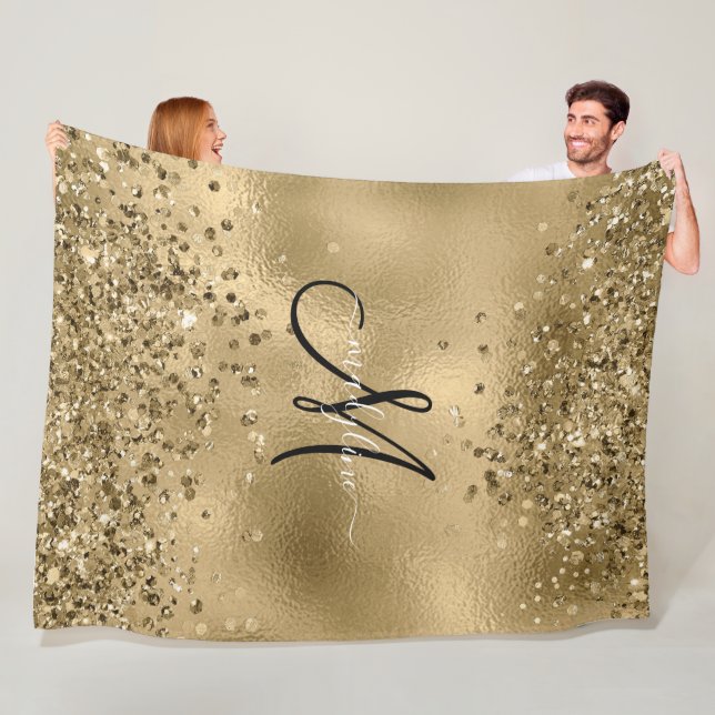 Couverture Polaire Chic Black Gold Parties scintillant Nom du monogra (En situation)
