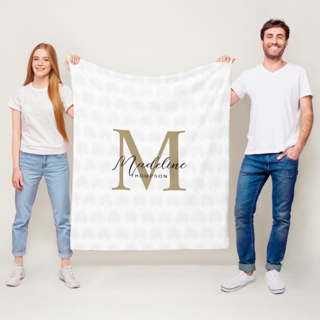 Couverture Polaire Chic Blanc Anahaw Leaf Script Monogramme (En situation)