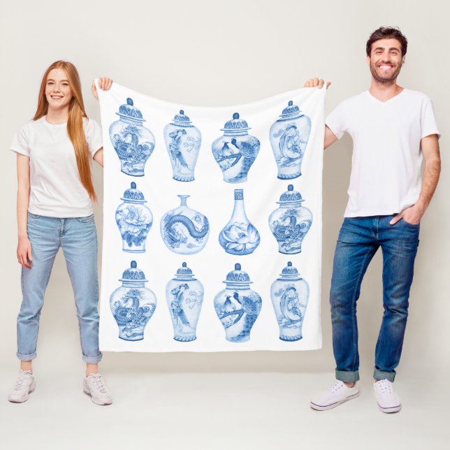 Couverture Polaire Chic Bleu Blanc Chinoiserie Porcelain Ginger Jars (En situation)