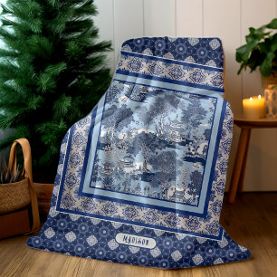 Couverture Polaire Chic bleu blanc saule chinoiserie toile monogramme