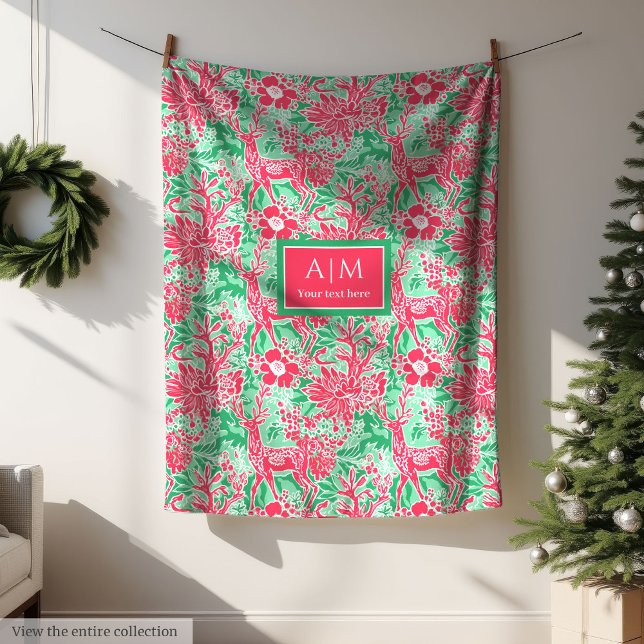 Couverture Polaire Chic hot pink green watercolor preppy festive (Chic hot pink green watercolor preppy festive Fleece Blanket)