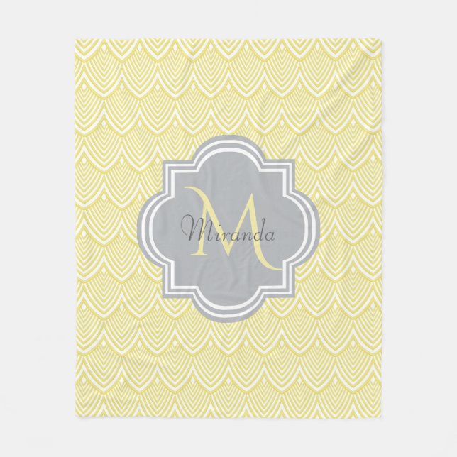 Couverture Polaire Chic Jaune Art Déco Scallops Grey Monogramme Nom (Devant)