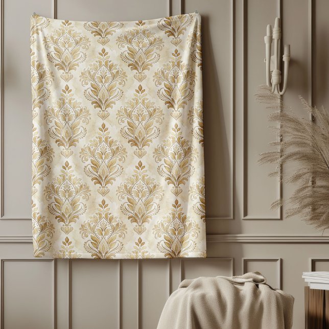 Couverture Polaire Chic Orné de Damas d'ivoire Motifs subtils d'aquar (Chic Ornate Ivory Damask Subtle Watercolor Motifs Fleece Blanket)