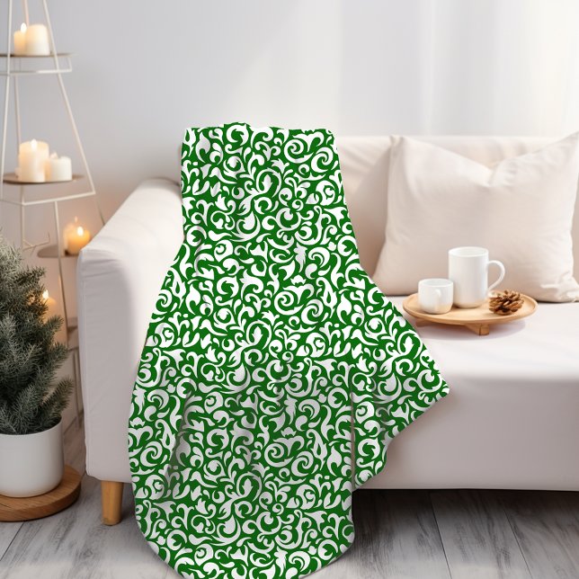 Couverture Polaire Chic Vert foncé blanc Damas Floral Art Motif (Créateur téléchargé)