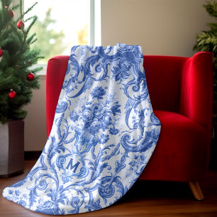 Couverture Polaire Chic vintage Bleu toile de jouy monogramme