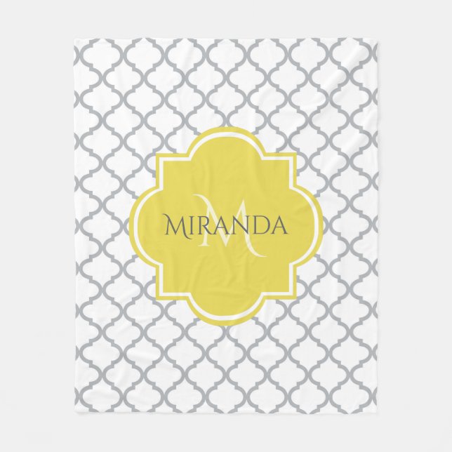 Couverture Polaire Chic White Grey Quatrefoil Yellow Monogramme Nom (Devant)