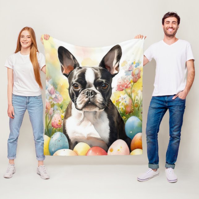 Couverture Polaire Chien de Boston Terrier avec oeufs de Pâques vacan (En situation)