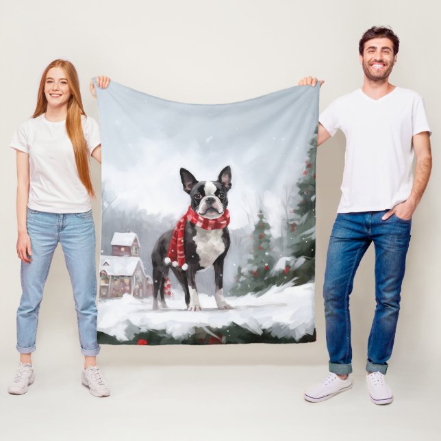 Couverture Polaire Chien de Boston Terrier pendant Noël de neige (En situation)