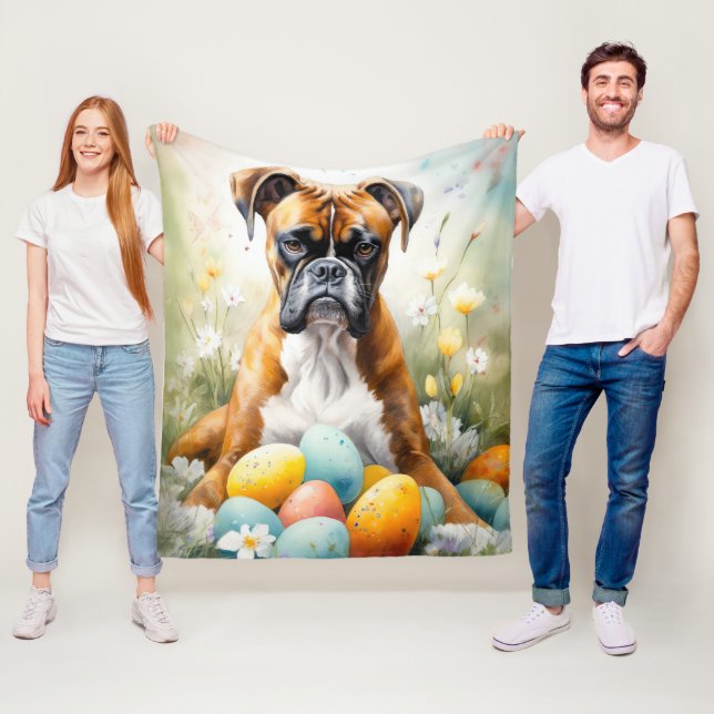 Couverture Polaire Chien de boxe avec oeufs de Pâques vacances (En situation)