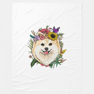 Couverture Polaire Chien de Poméranie Florale Printemps Amoureux de l