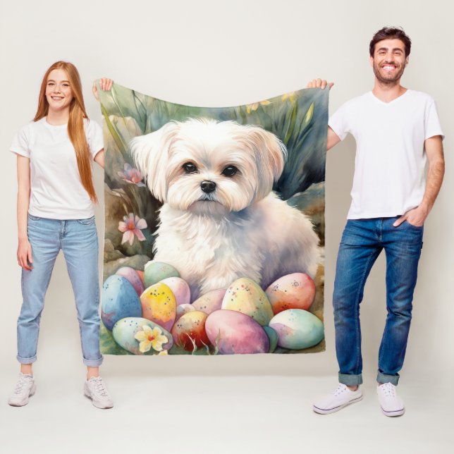 Couverture Polaire Chien maltais avec oeufs de Pâques vacances (En situation)