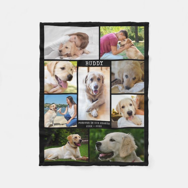 Couverture Polaire Chien Mémorial Photo Collage Nom Dates Noir (Devant)