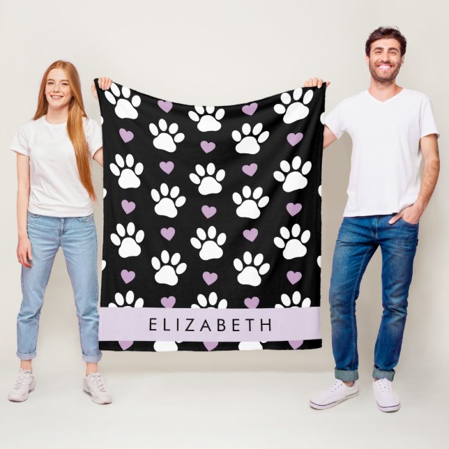 Couverture Polaire Chien Paws, White Paws, Lilac Hearts, Votre Nom (En situation)