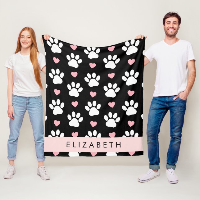 Couverture Polaire Chien Paws, White Paws, Rose Hearts, Votre Nom (En situation)