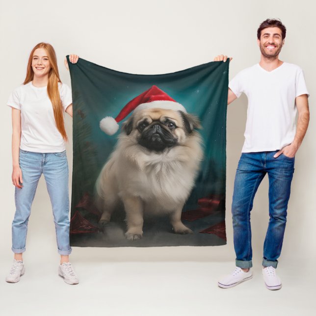 Couverture Polaire Chien pekingese pendant Noël de neige (En situation)